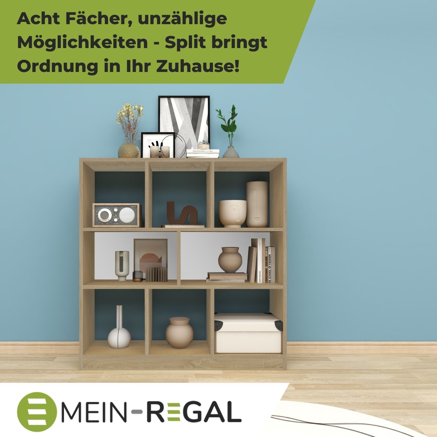 Raumteiler Split in der Farbe Natur an blauer Wand