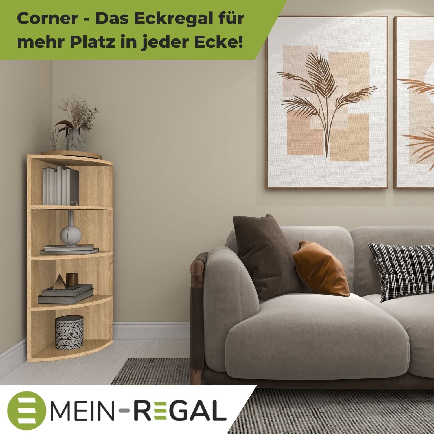 Eckregal Corner 120 in der Farbe Natur im Wohnzimmer