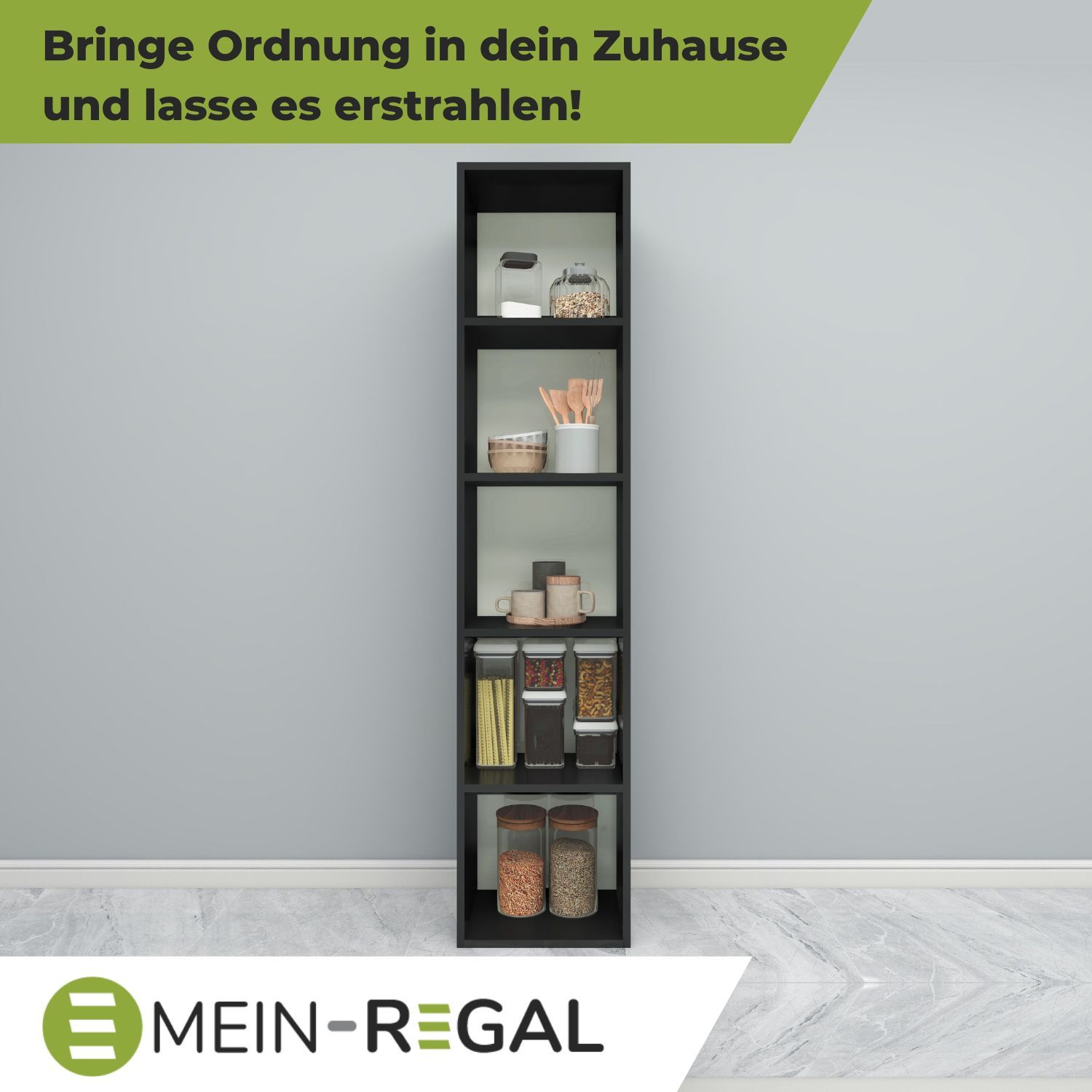 Standregal Alpha 185 in der Farbe Schwarz an grauer Wand