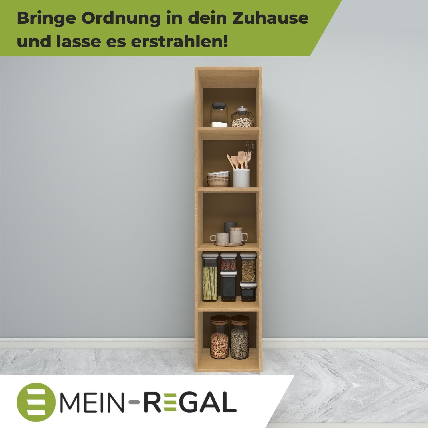 Standregal Alpha 185 in der Farbe Natur an grauer Wand