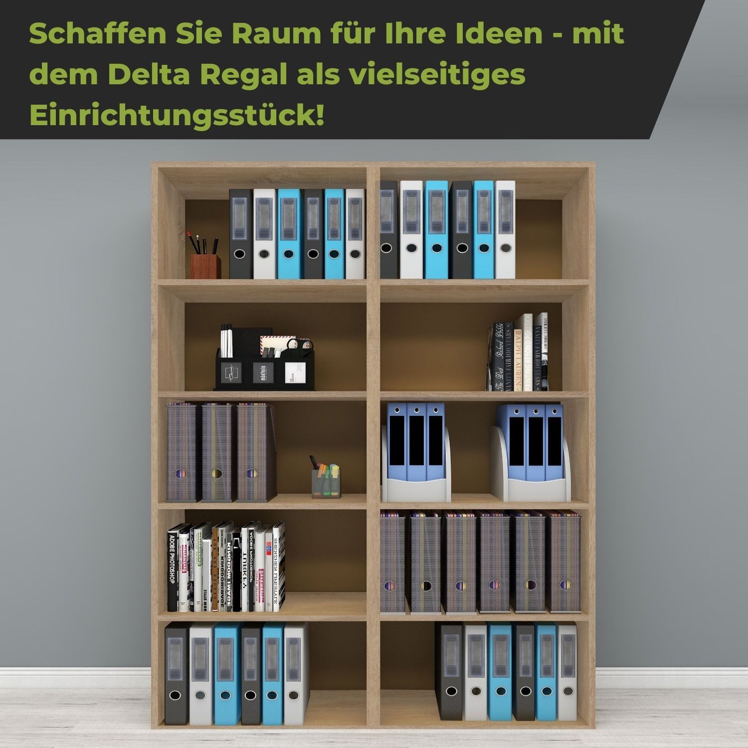 2 Aktenregale Delta-5 in der Farbe Natur miteinander kombiniert mit Ordnern, Büchern, Büromaterialien