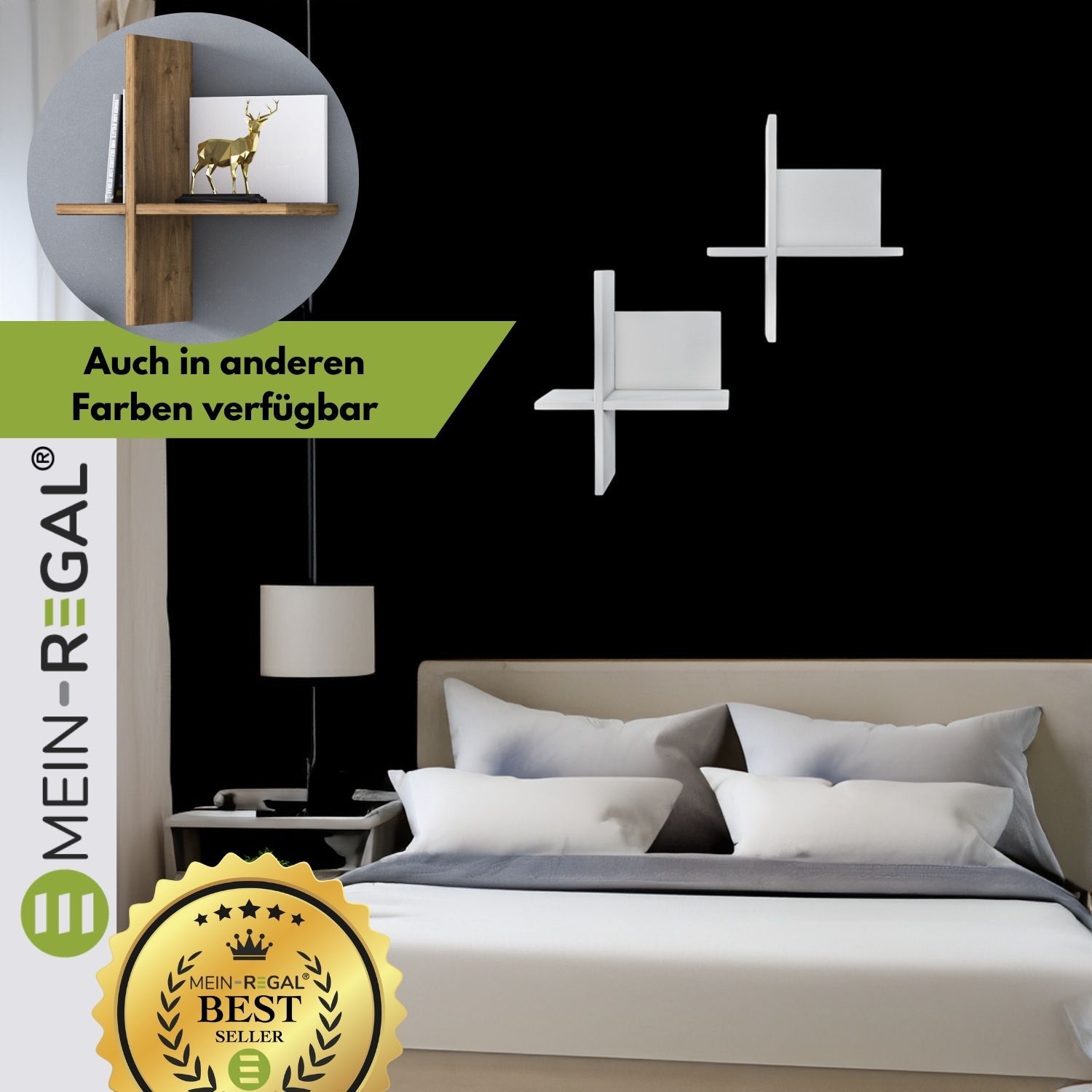 Wandregal Brick Weiß im Schlafzimmer hängt an schwarzer Wand über einem Doppelbett. Daneben ein Nachtschrank mit einer Stehlampe. Oben links ein Variantenbild von der Variante Natur/Weiß.
