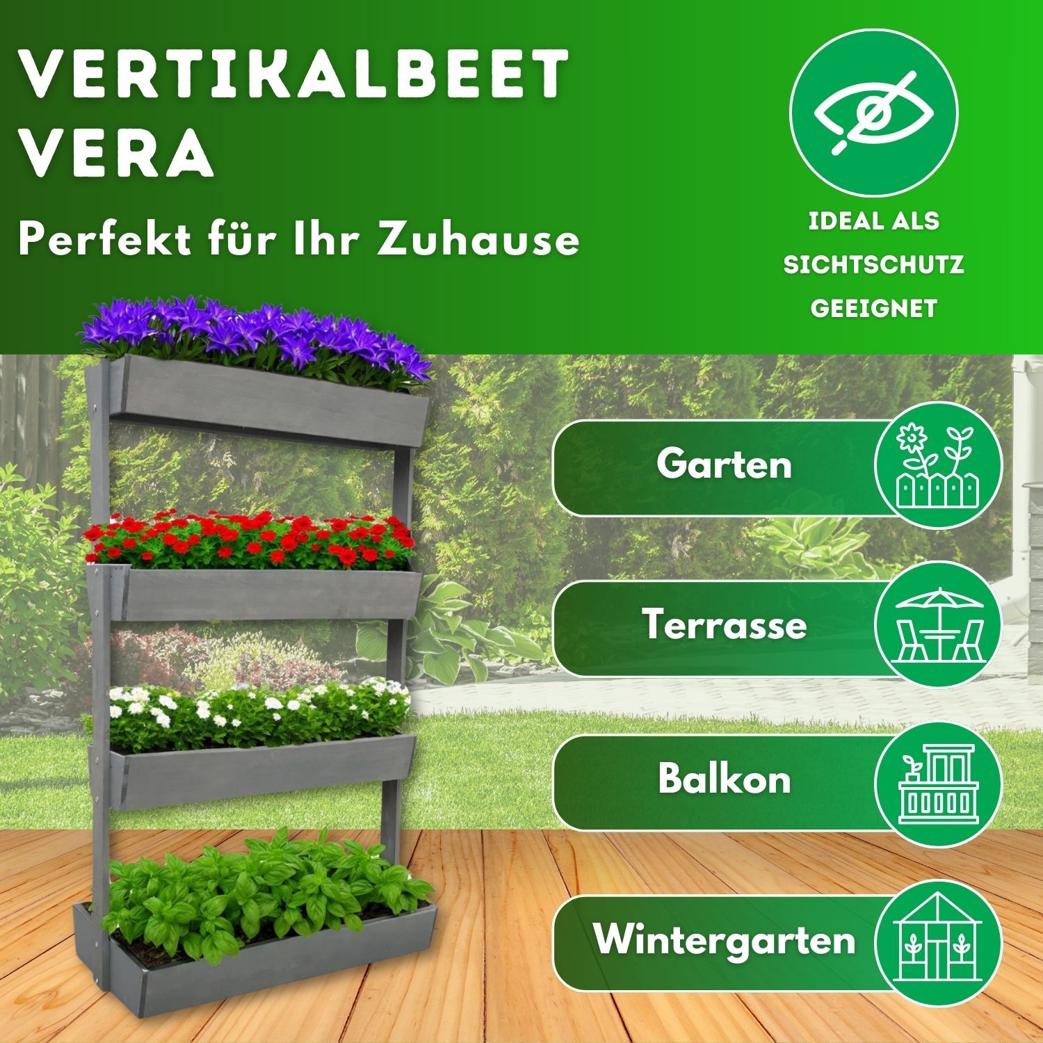 Coemo Vertikalbeet Vera aus Holz Hochbeet 4 Etagen Kästen höhenverstellbar und neigbar