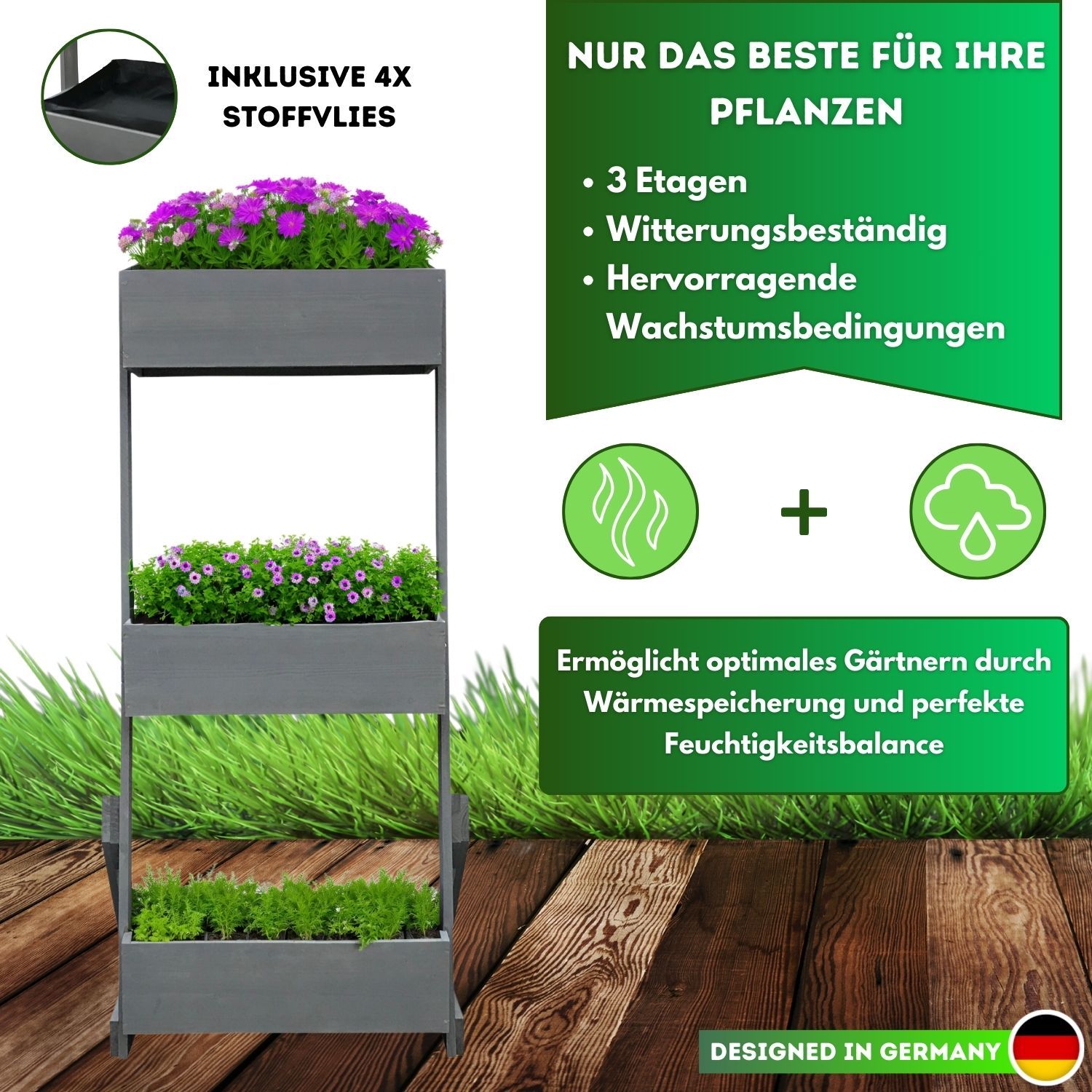 Coemo Vertikalbeet Petra aus Holz Hochbeet 3 Etagen Kästen höhenverstellbar und neigbar