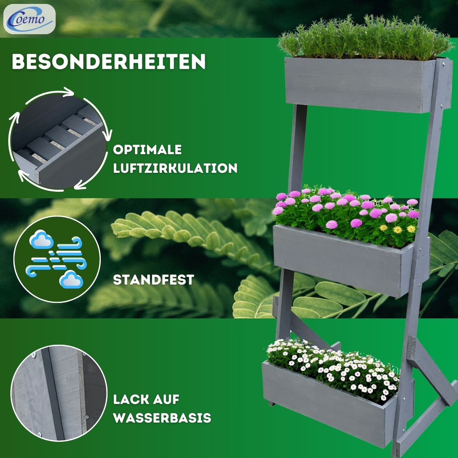 Coemo Vertikalbeet Petra aus Holz Hochbeet 3 Etagen Kästen höhenverstellbar und neigbar