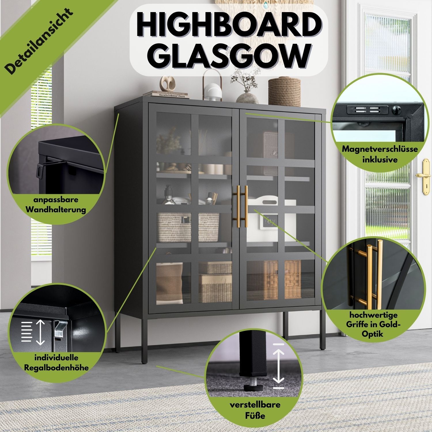 Mein-Regal Highboard Glasgow mit Glastüren