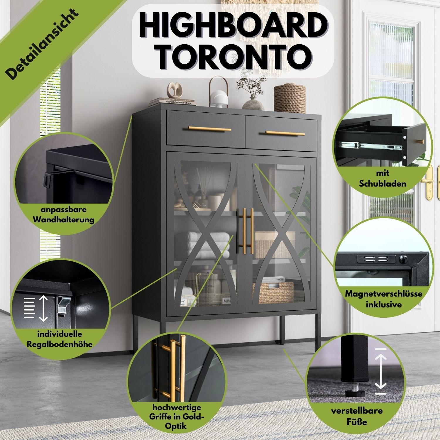 Mein-Regal Highboard Toronto mit 2 Glastüren 2 Schubladen