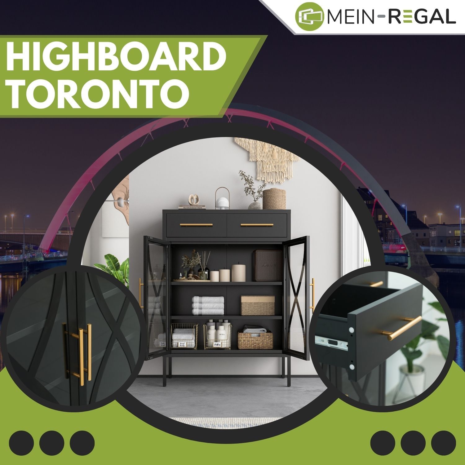 Mein-Regal Highboard Toronto mit 2 Glastüren 2 Schubladen