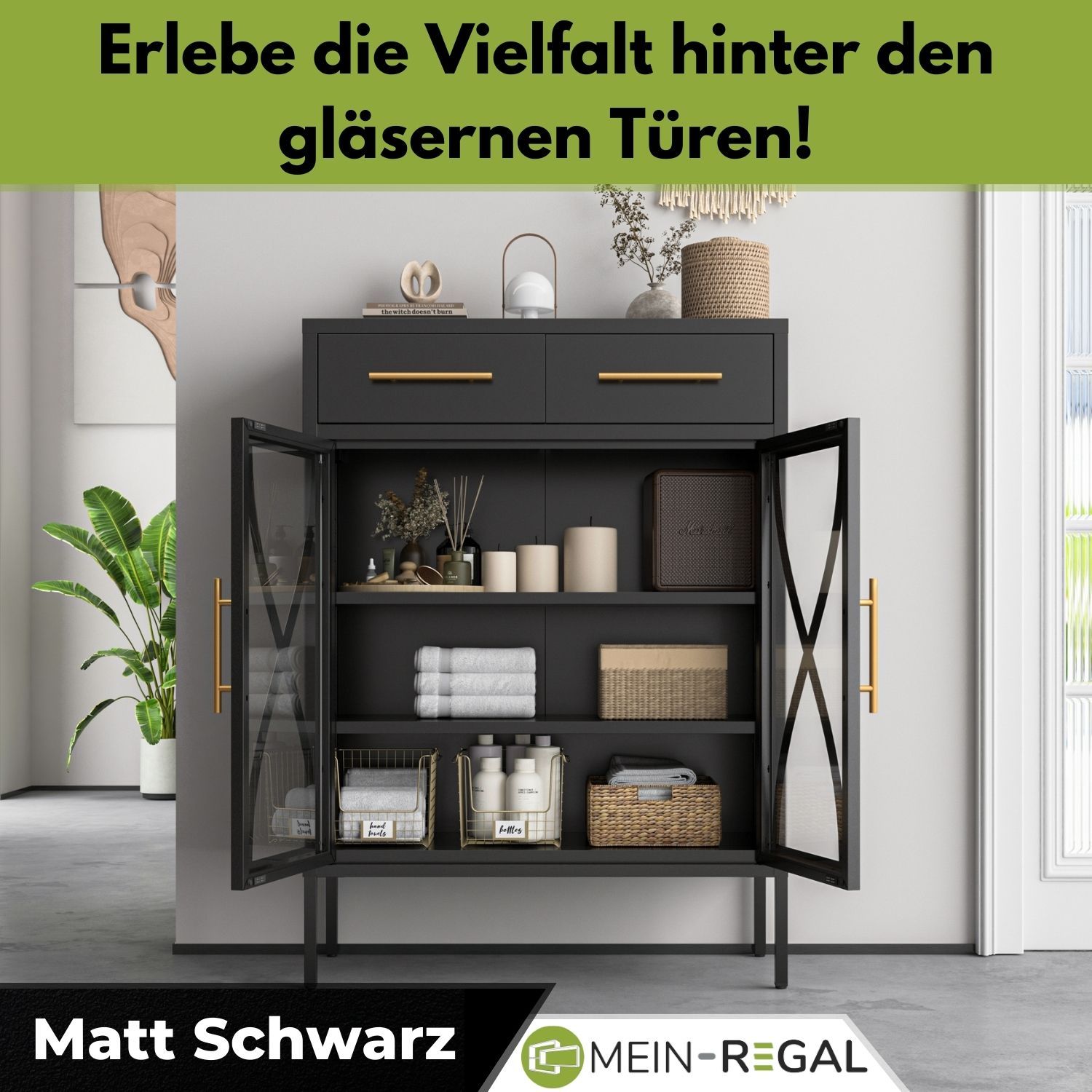 Mein-Regal Highboard Toronto mit 2 Glastüren 2 Schubladen