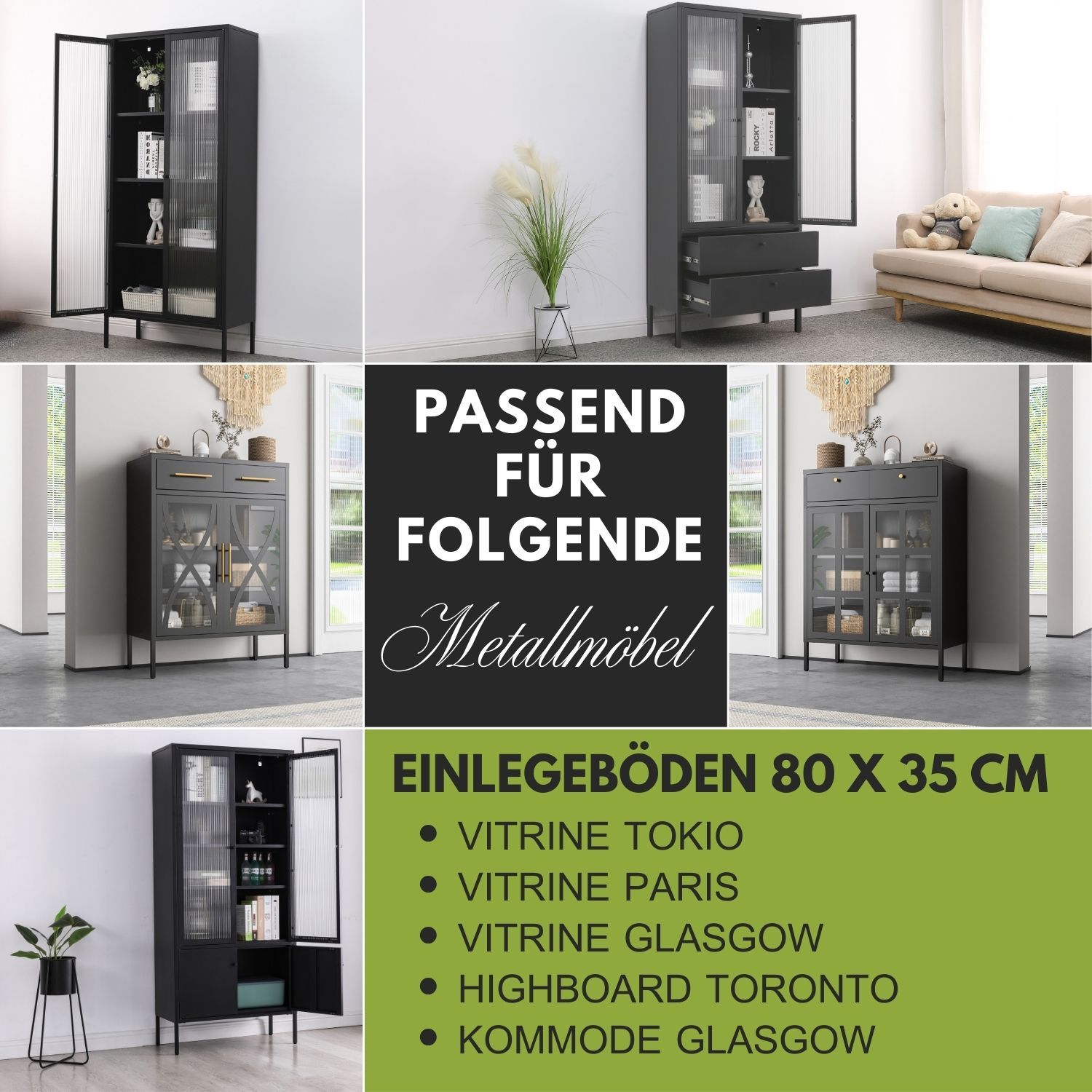 Einlegeboden Schwarz für bestimmte Vitrinen, Highboards & Kommoden