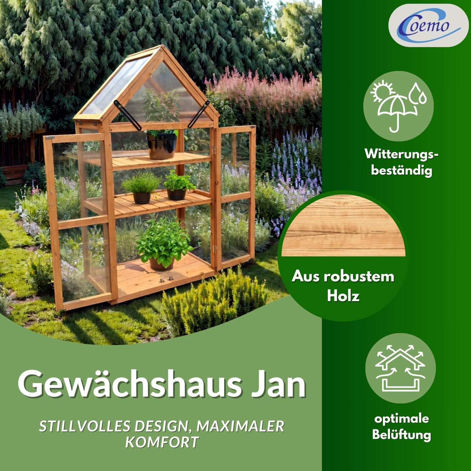Coemo Gewächshaus Jan mit aufklappbaren Türen und Dach
