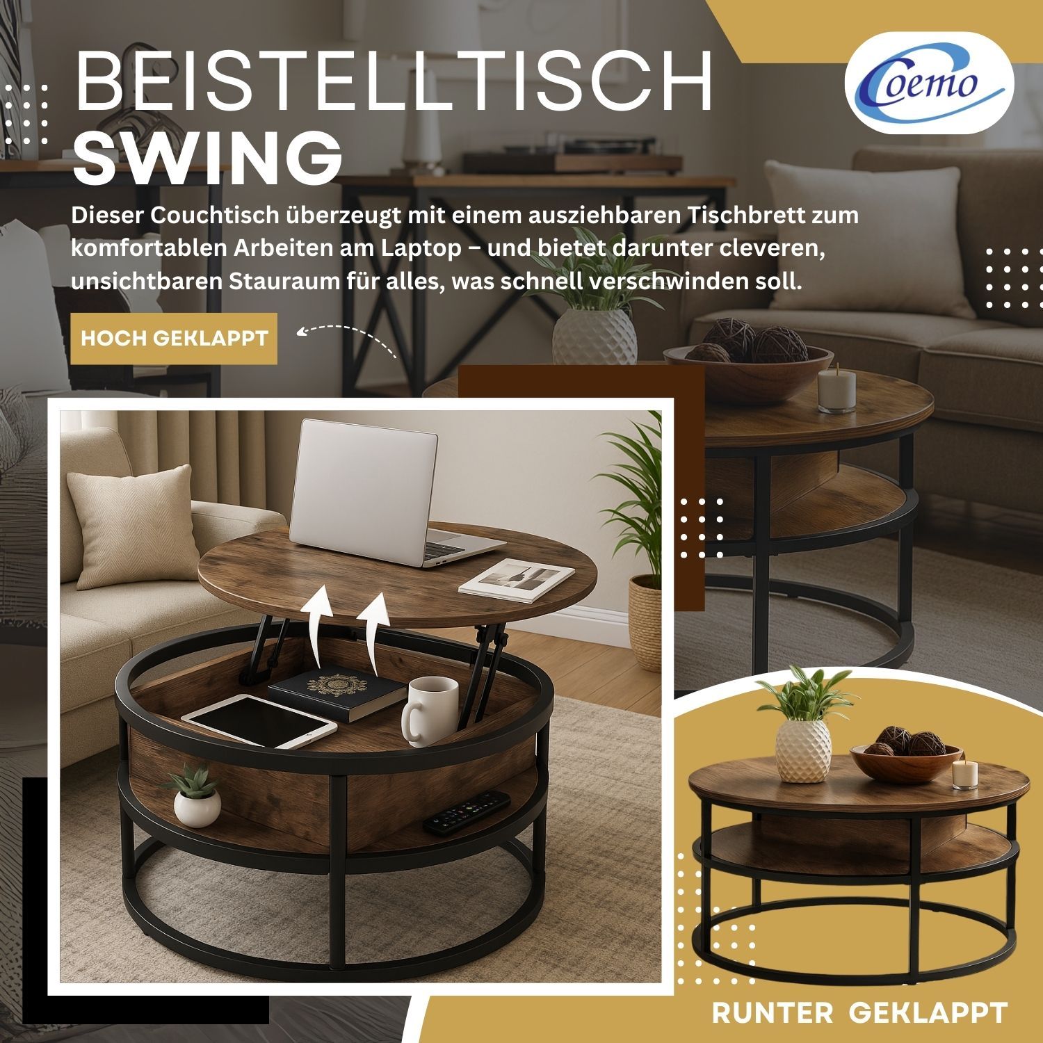 Coemo Beistelltisch Swing aus Metall & Holz mit verstellbarer Tischplatte & Aufbewahrungsfach