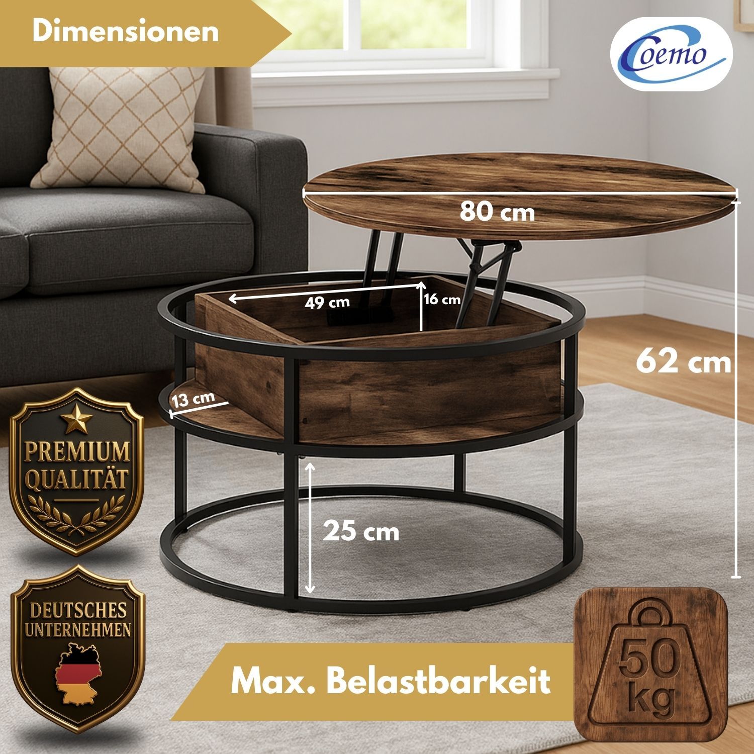 Coemo Beistelltisch Swing aus Metall & Holz mit verstellbarer Tischplatte & Aufbewahrungsfach