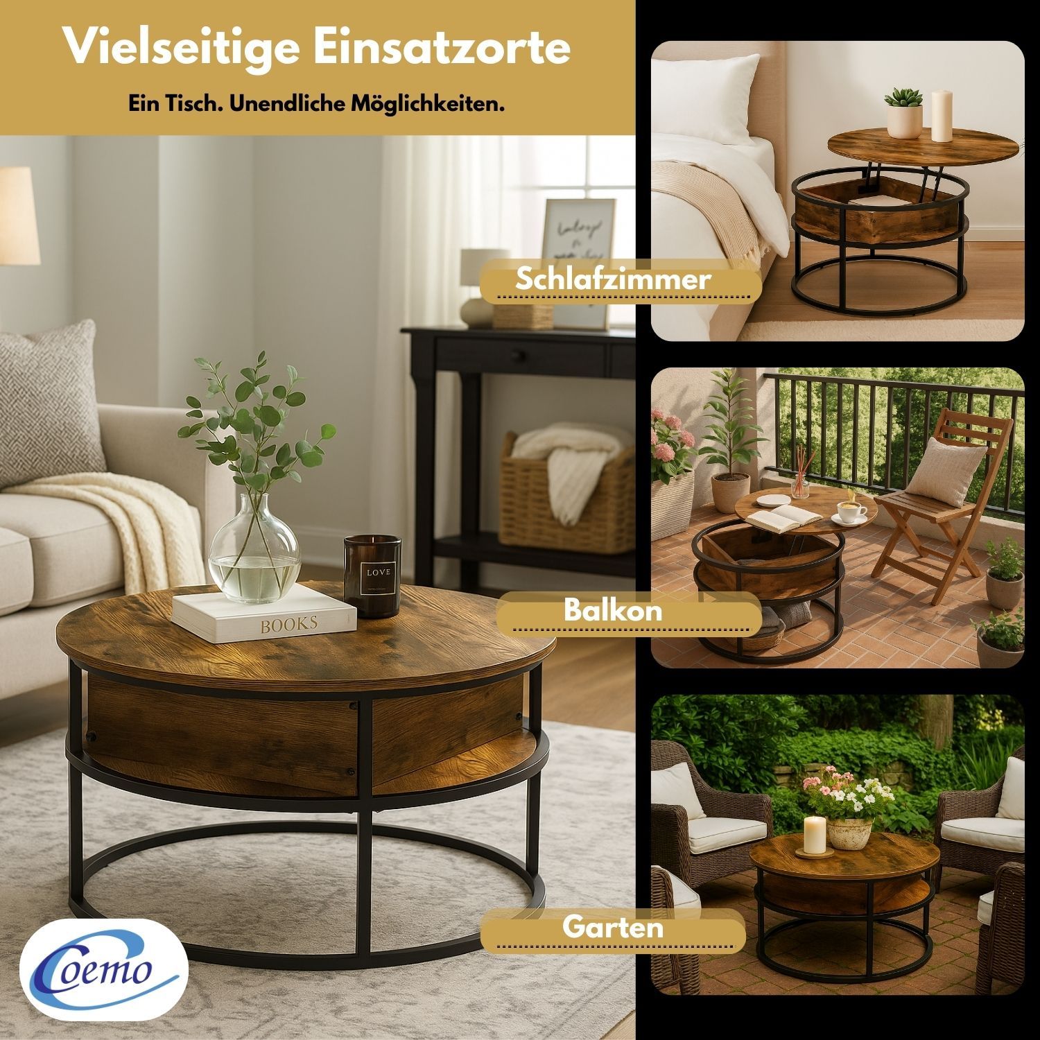 Coemo Beistelltisch Swing aus Metall & Holz mit verstellbarer Tischplatte & Aufbewahrungsfach