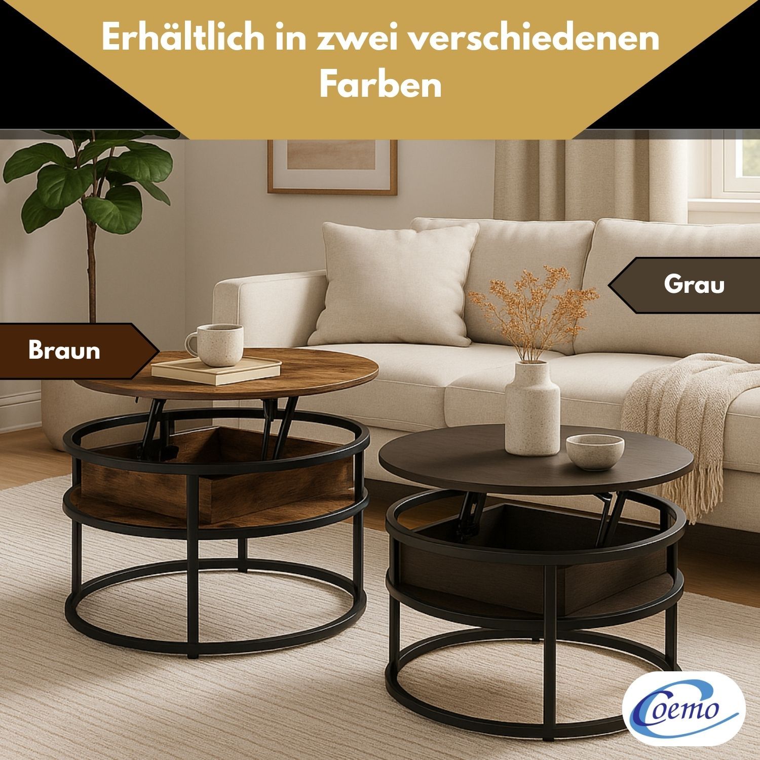 Coemo Beistelltisch Swing aus Metall & Holz mit verstellbarer Tischplatte & Aufbewahrungsfach