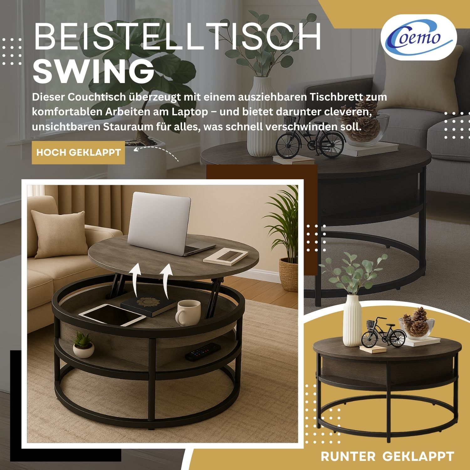 Coemo Beistelltisch Swing aus Metall & Holz mit verstellbarer Tischplatte & Aufbewahrungsfach
