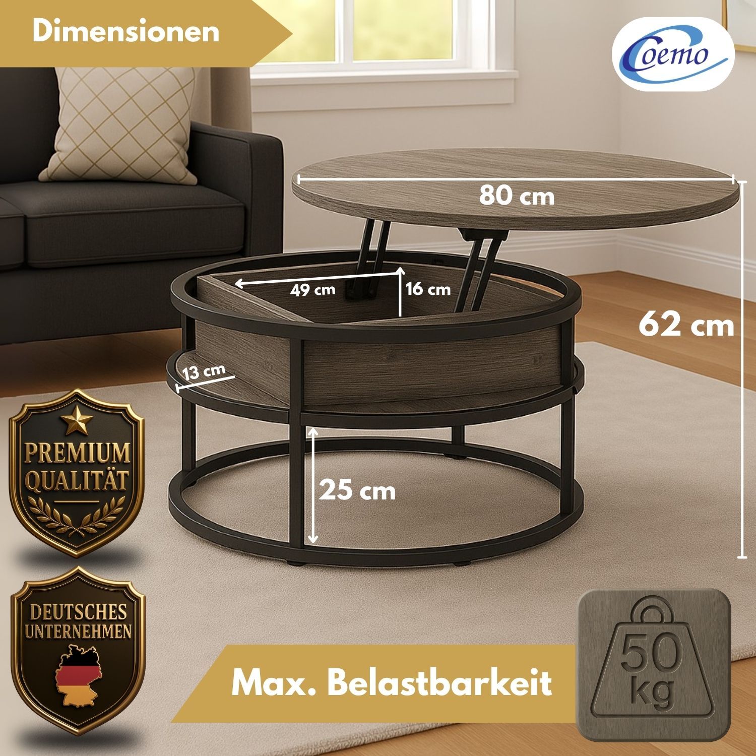 Coemo Beistelltisch Swing aus Metall & Holz mit verstellbarer Tischplatte & Aufbewahrungsfach