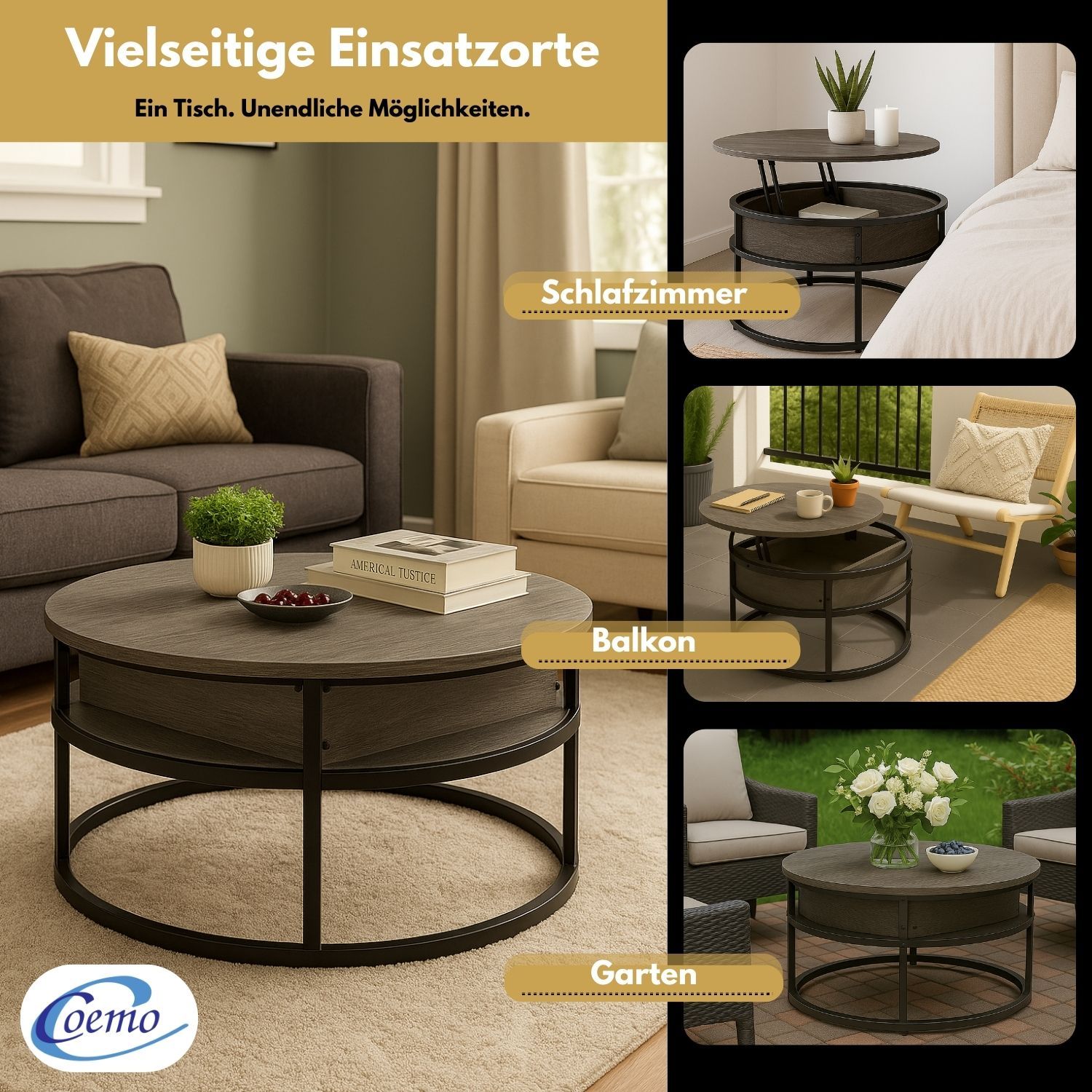 Coemo Beistelltisch Swing aus Metall & Holz mit verstellbarer Tischplatte & Aufbewahrungsfach