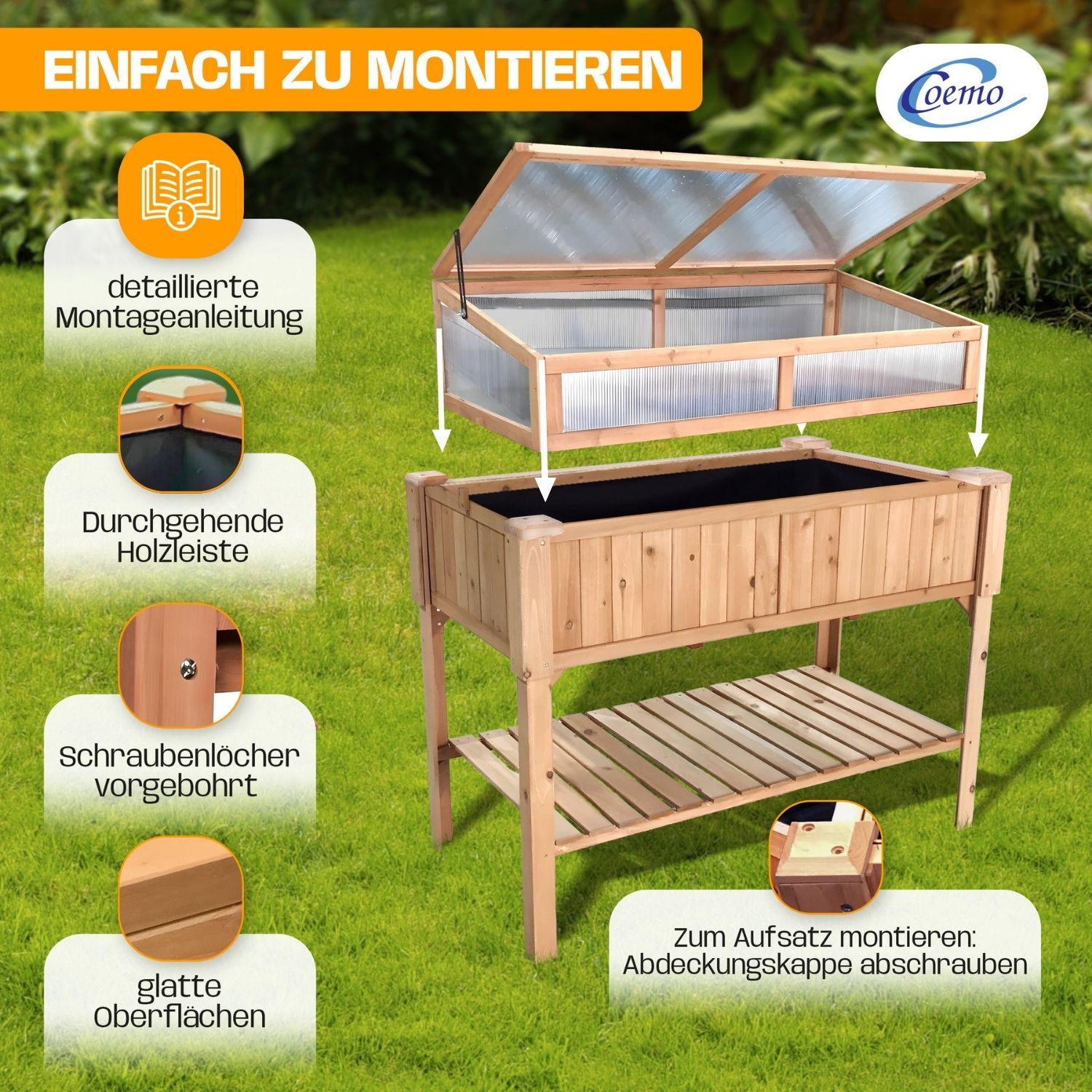 Coemo Hochbeet mit Frühbeetaufsatz aus Holz mit Pflanzfolie