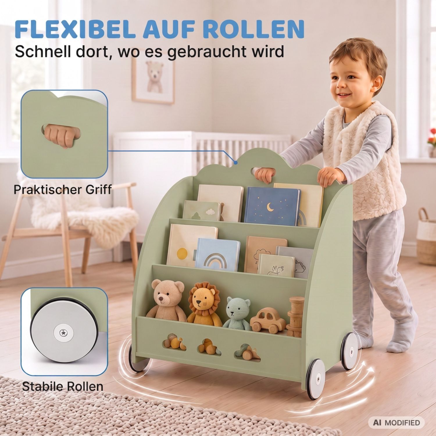 Coemo Aufbewahrungsrollwagen Bookie Bücherregal Holz Spielzeugkiste mit Rädern