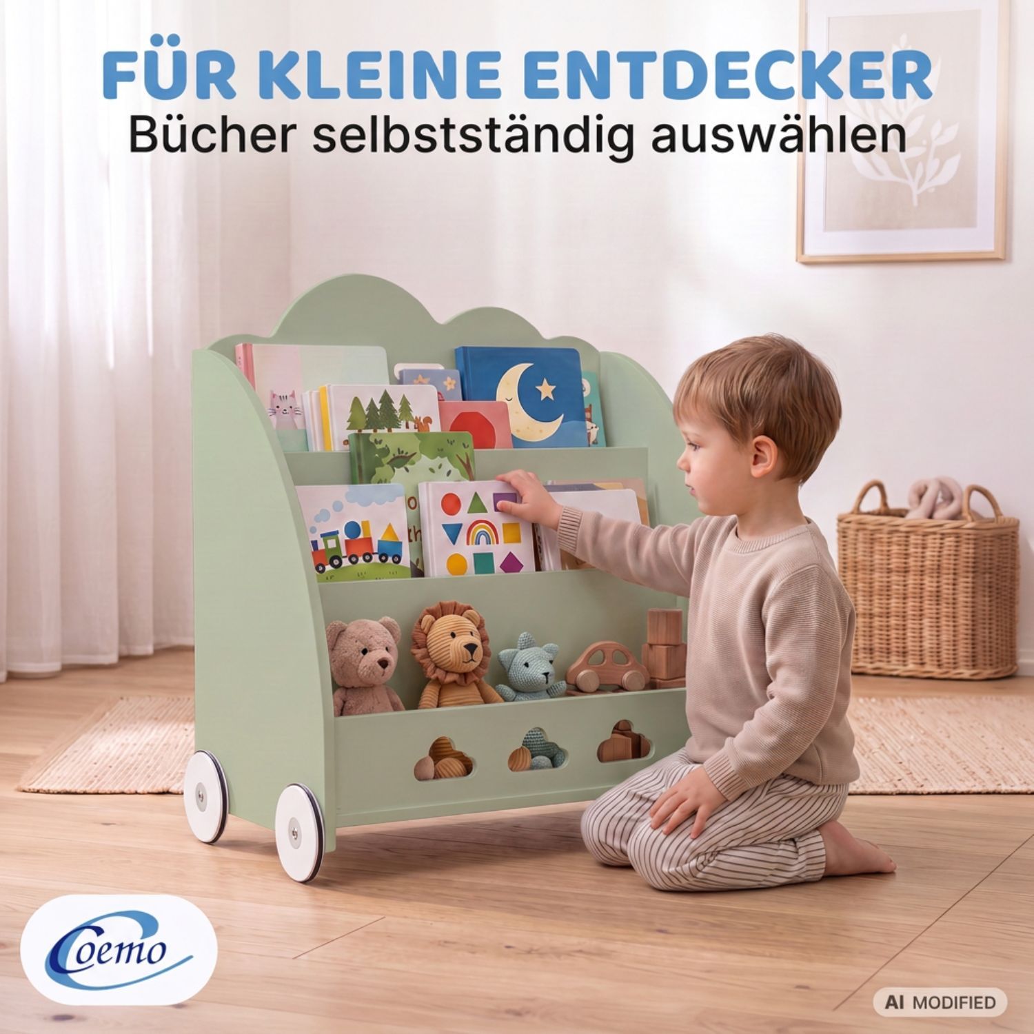 Coemo Aufbewahrungsrollwagen Bookie Bücherregal Holz Spielzeugkiste mit Rädern