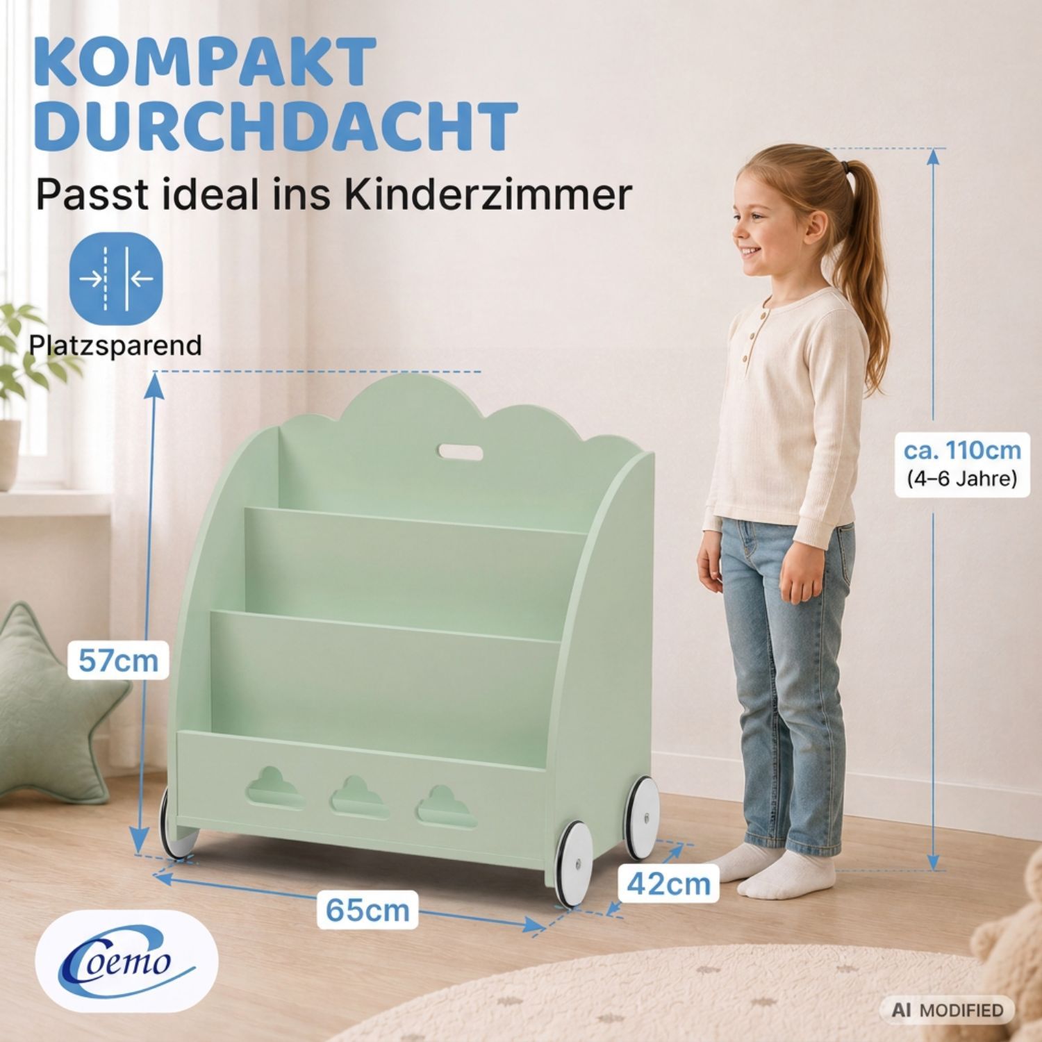 Coemo Aufbewahrungsrollwagen Bookie Bücherregal Holz Spielzeugkiste mit Rädern
