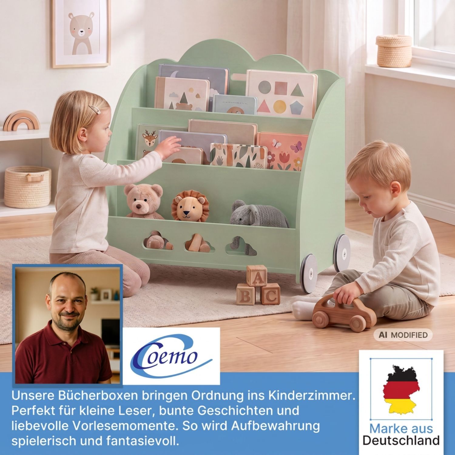 Coemo Aufbewahrungsrollwagen Bookie Bücherregal Holz Spielzeugkiste mit Rädern