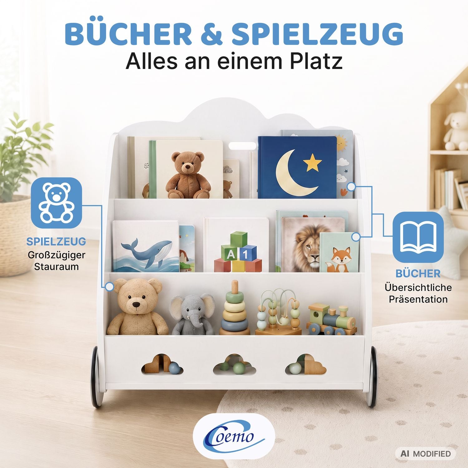 Coemo Aufbewahrungsrollwagen Bookie Bücherregal Holz Spielzeugkiste mit Rädern