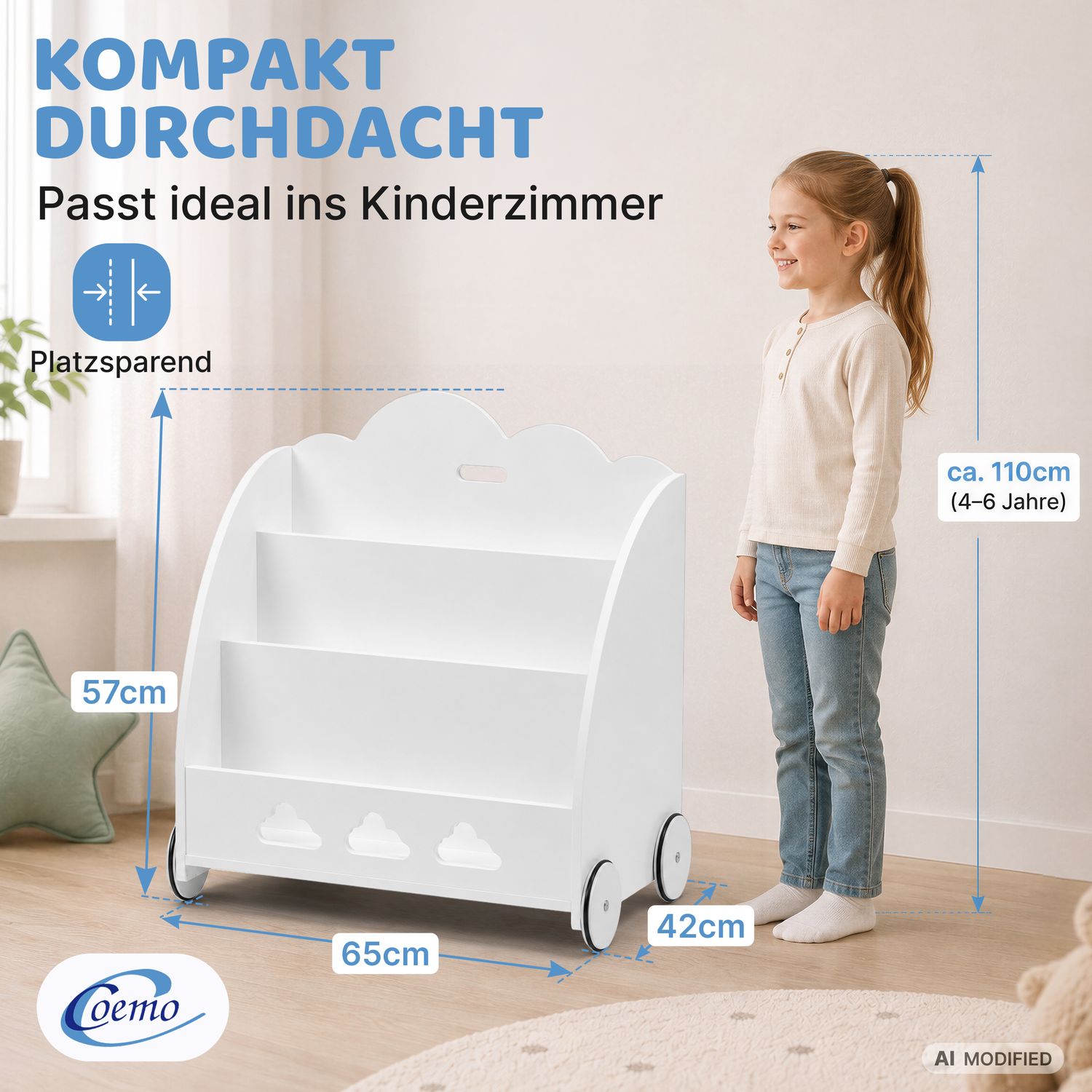 Coemo Aufbewahrungsrollwagen Bookie Bücherregal Holz Spielzeugkiste mit Rädern