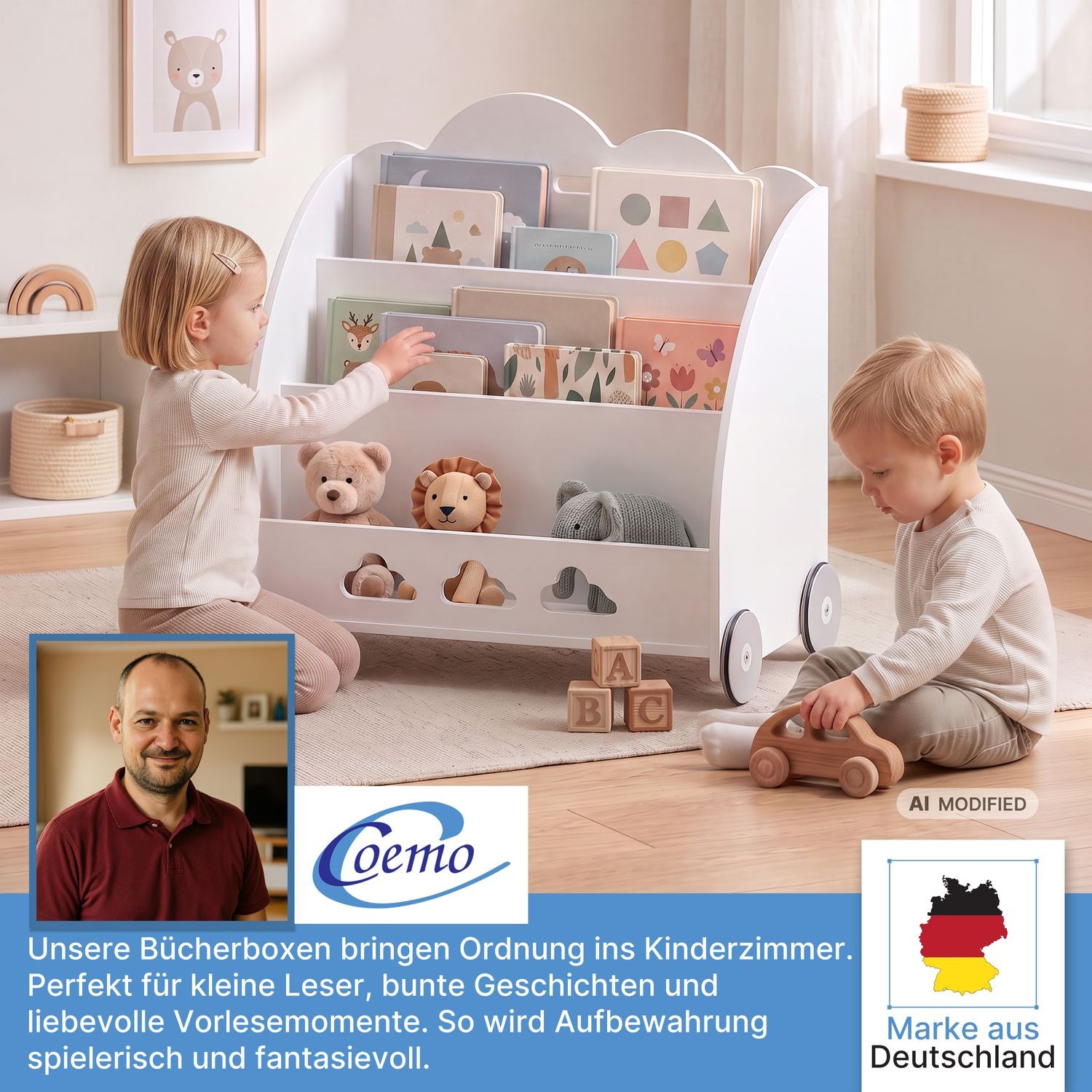 Coemo Aufbewahrungsrollwagen Bookie Bücherregal Holz Spielzeugkiste mit Rädern