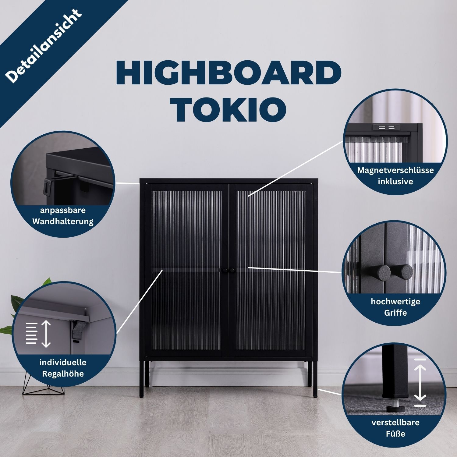 Highboard Tokio Schwarz mit Detailansichten und kurzen Beschreibungen