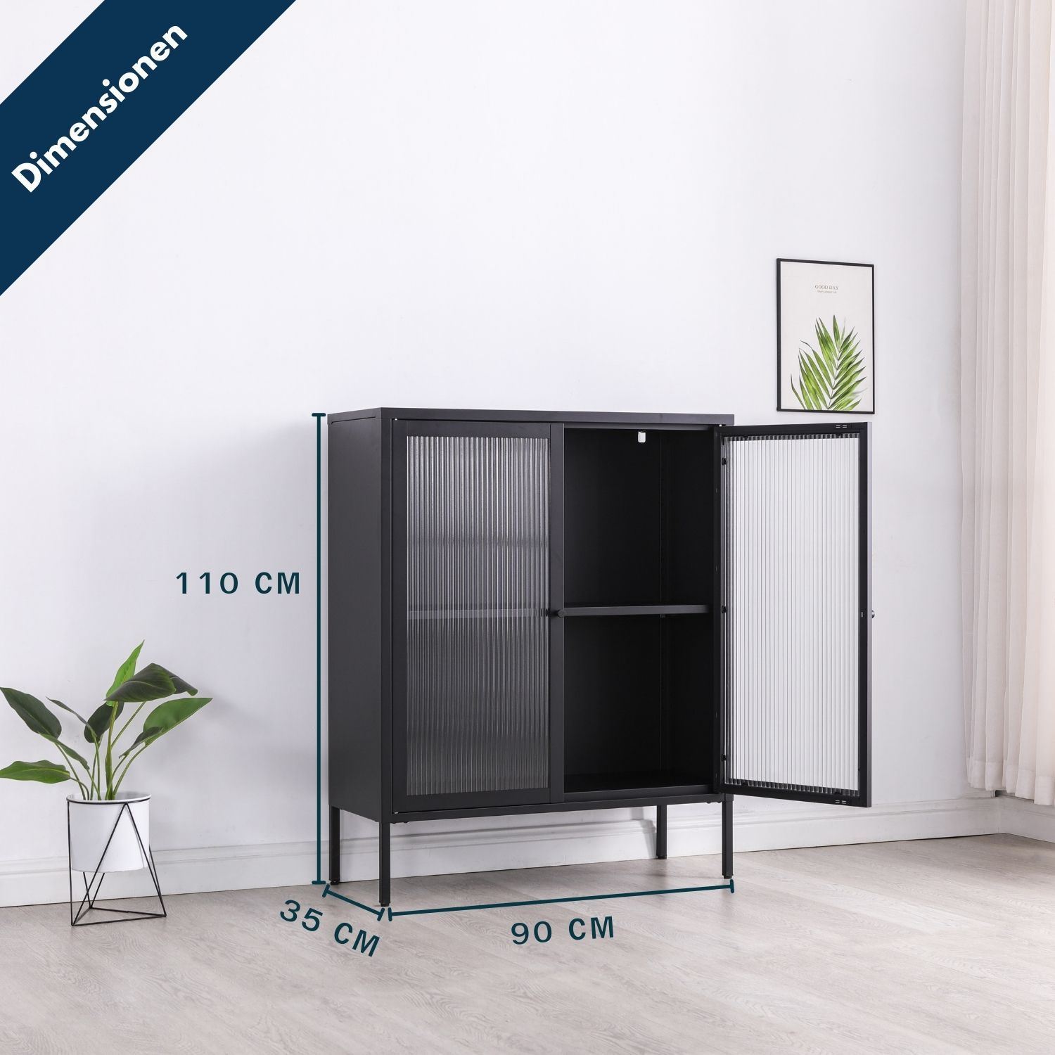 Highboard Tokio Schwarz mit Maßangaben. Links steht eine Zimmerpflanze. Rechts hängt ein Wandbild