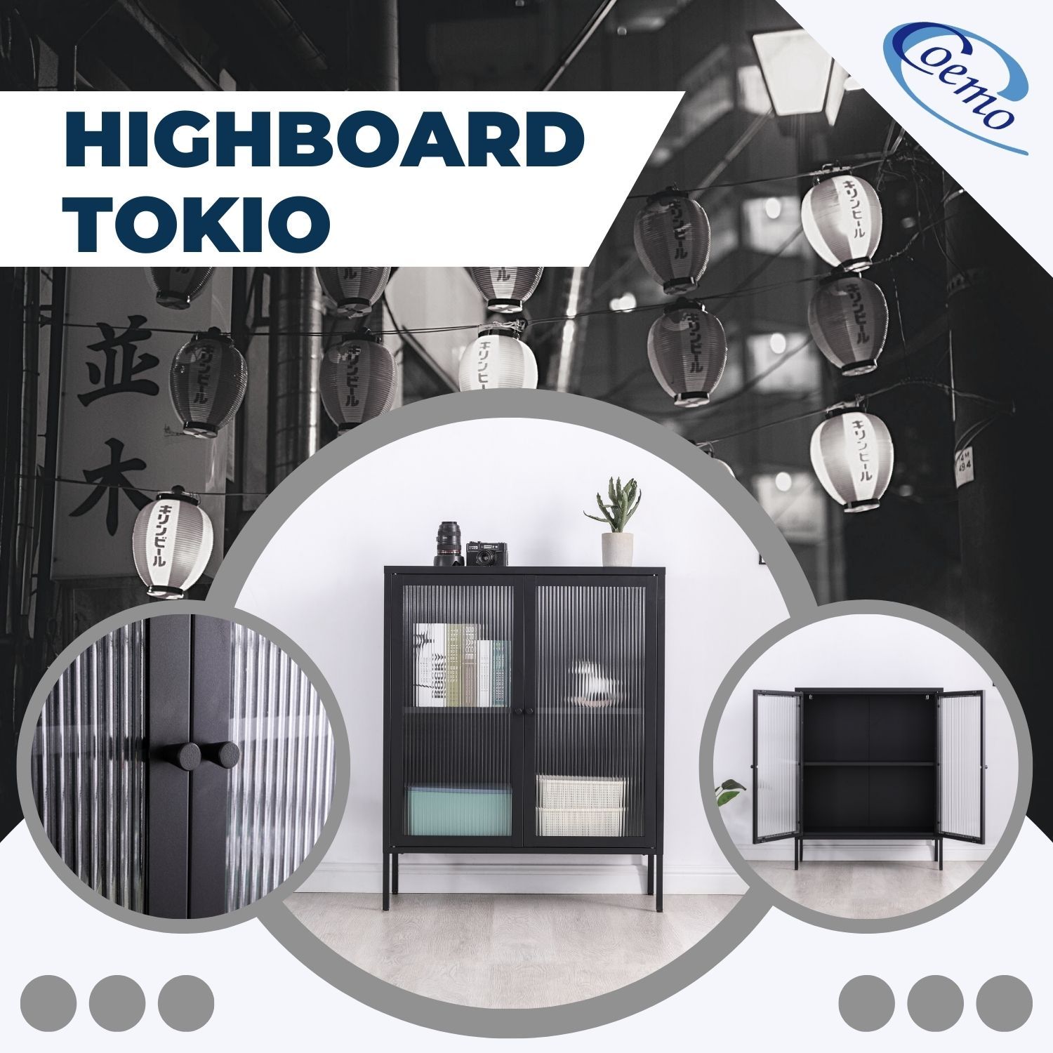 Highboard Tokio Schwarz mit Detailansicht der Türgriffe und Detailansicht beide Türen geöffnet, ohne Inhalt. Im Hintergrund Lampignons im asiatischen Design