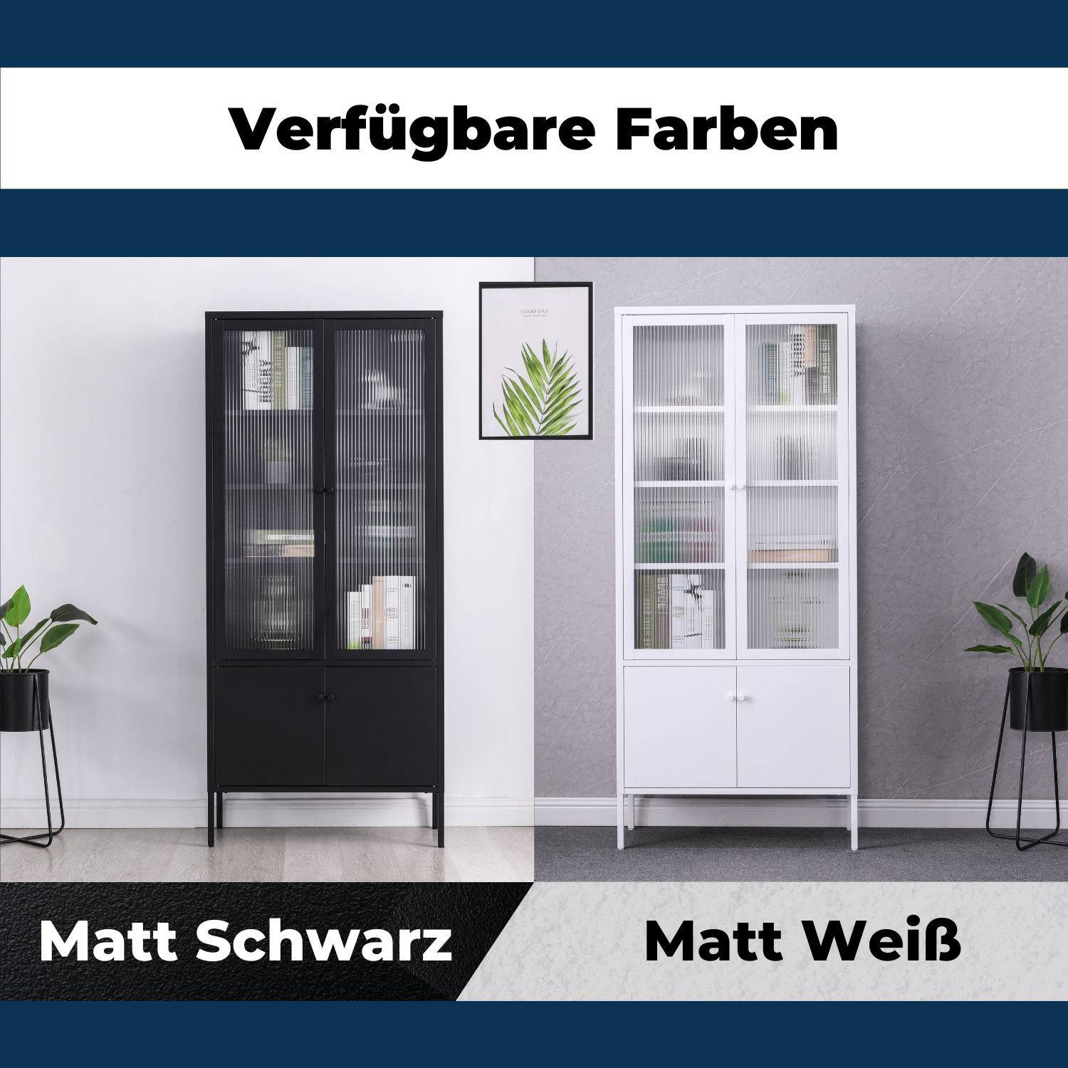 Metallvitrine Tokio in Farbvarianten Schwarz und Weiß. Jeweils außen stehen Zimmerpflanzen. In der Mitte hängt ein Wandbild.