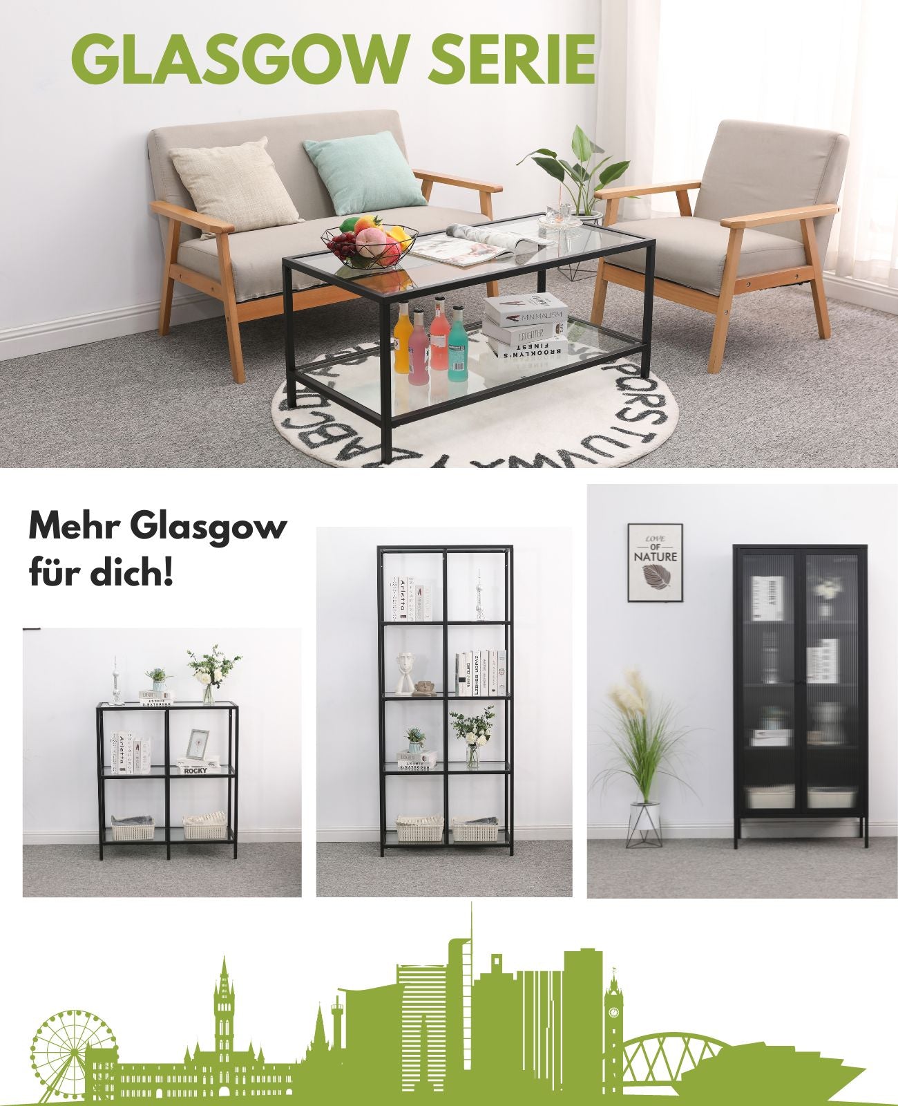 Die Möbelserie Glasgow bietet moderne Couchtische, Regale und Vitrinen aus Metall für einen stilvollen Wohnbereich.