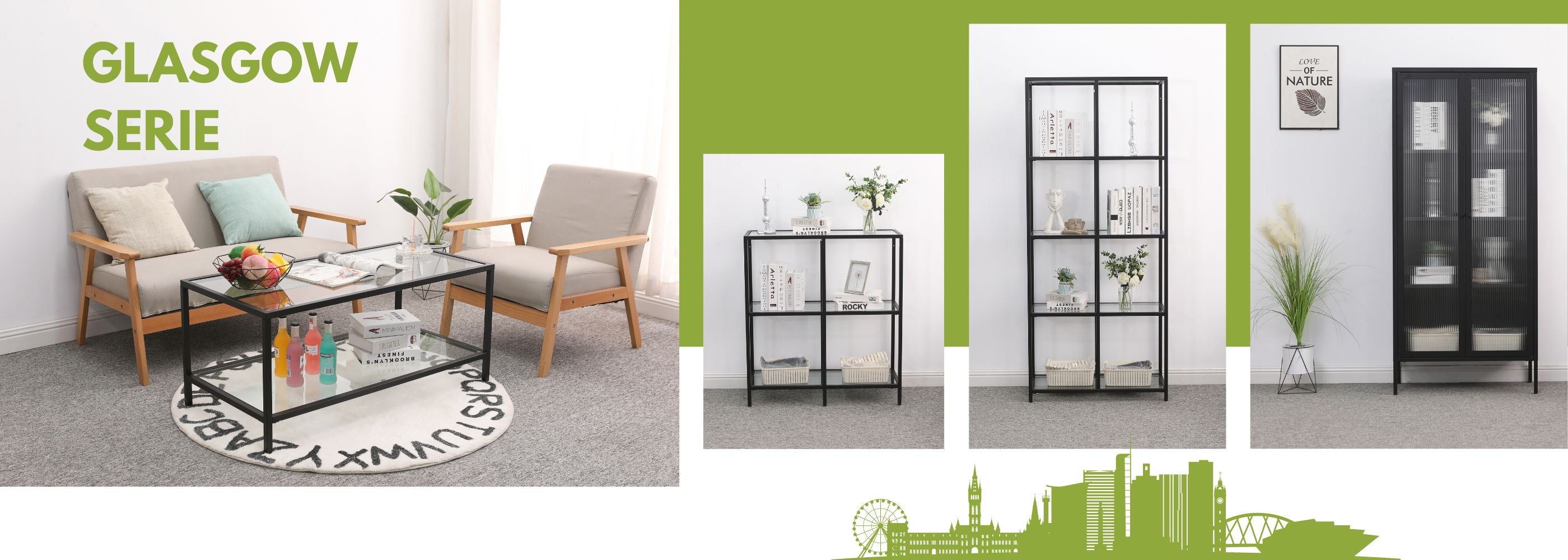 Möbelserie Glasgow mit Couchtisch, Regale und Vitrinen aus Metall - Moderne und stilvolle Möbel für Ihren Wohnbereich.