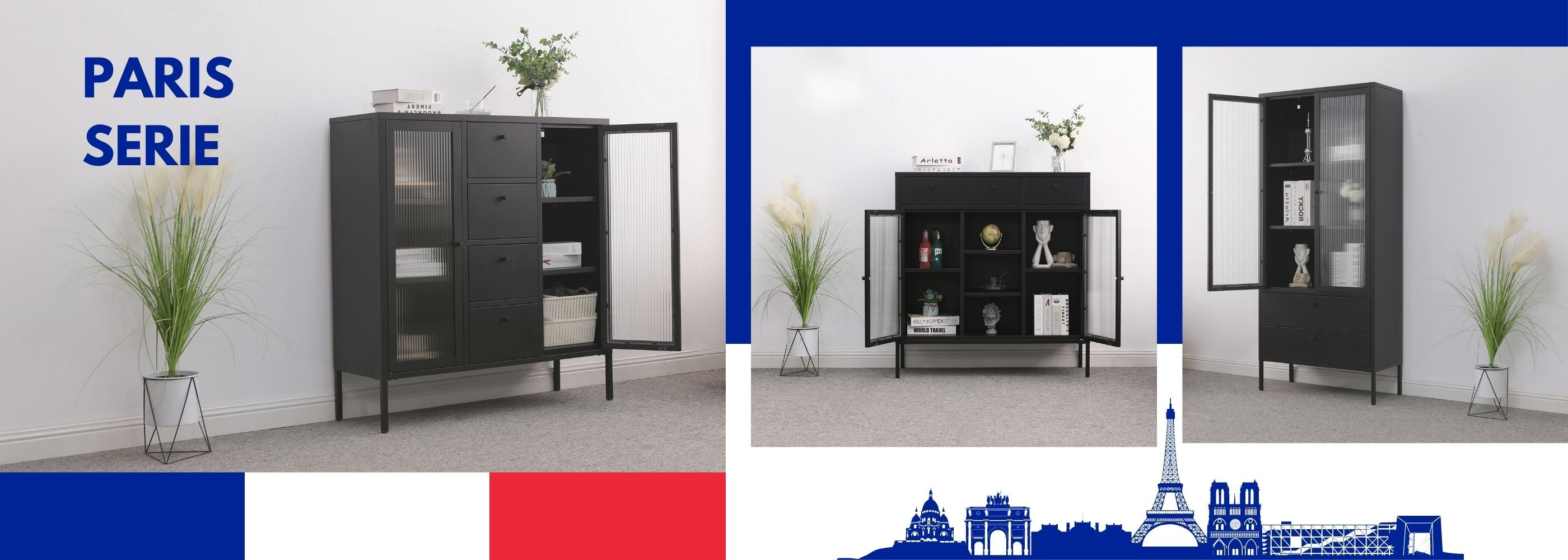 Möbelserie Paris mit Highboard, Kommode und Vitrinen - Elegante Möbel für anspruchsvolles Wohnen.