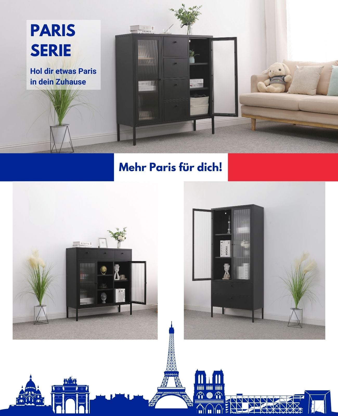 Die Möbelserie Paris bietet elegante Highboards, Kommoden und Vitrinen für anspruchsvolles Wohnen.