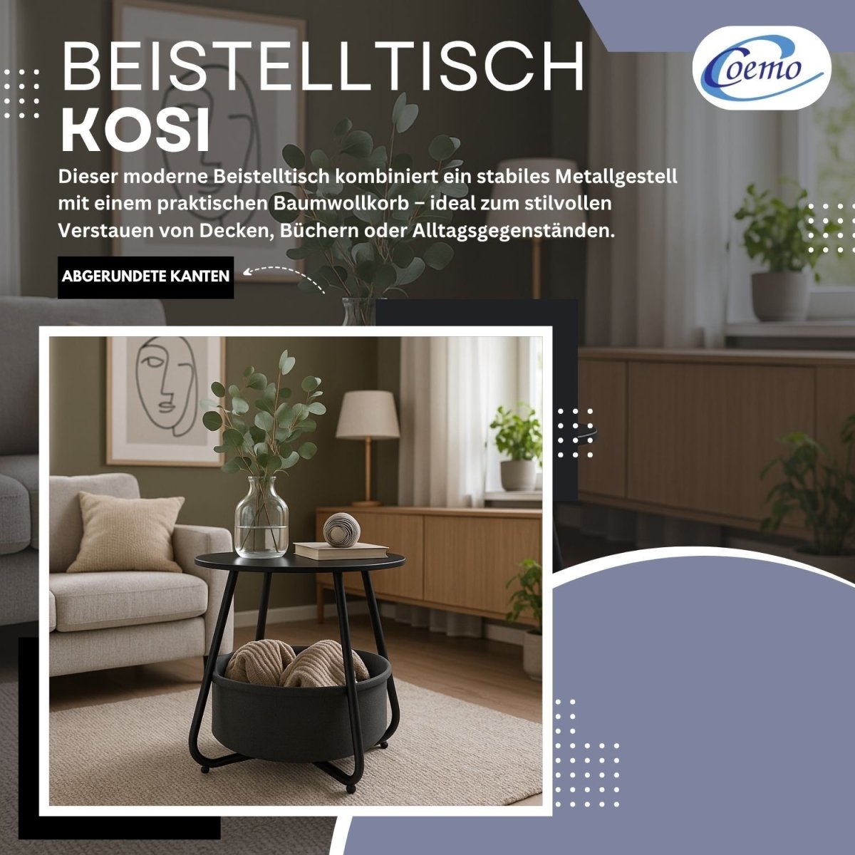 Coemo Beistelltisch Kosi mit Canvas Korb - Metallgestell mit Stoffkorb - Mein - Regal.de