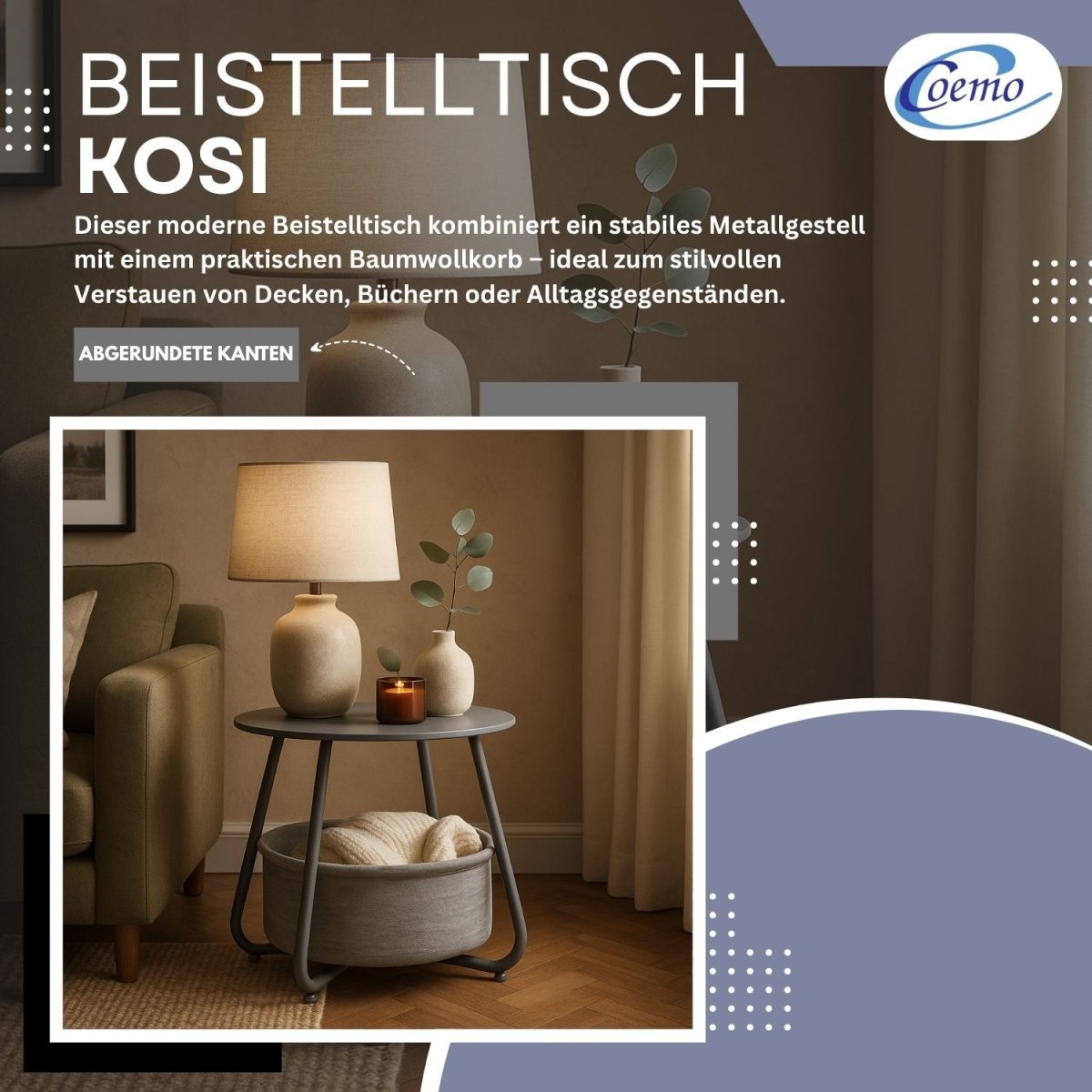 Coemo Beistelltisch Kosi mit Canvas Korb - Metallgestell mit Stoffkorb - Mein - Regal.de