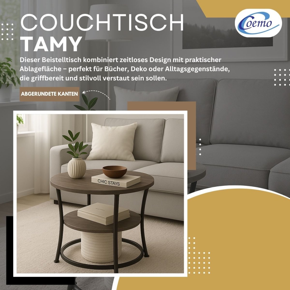 Coemo Couchtisch Tamy 2 Ebenen - Holz mit Metallrahmen - Ø 55 cm x 55 cm - Mein - Regal.de
