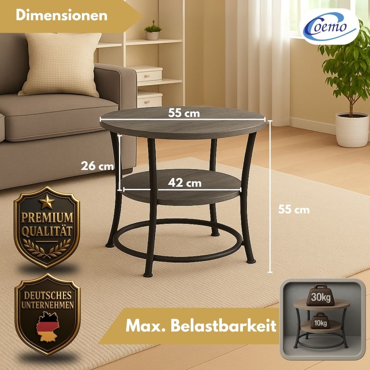 Coemo Couchtisch Tamy 2 Ebenen - Holz mit Metallrahmen - Ø 55 cm x 55 cm - Mein - Regal.de