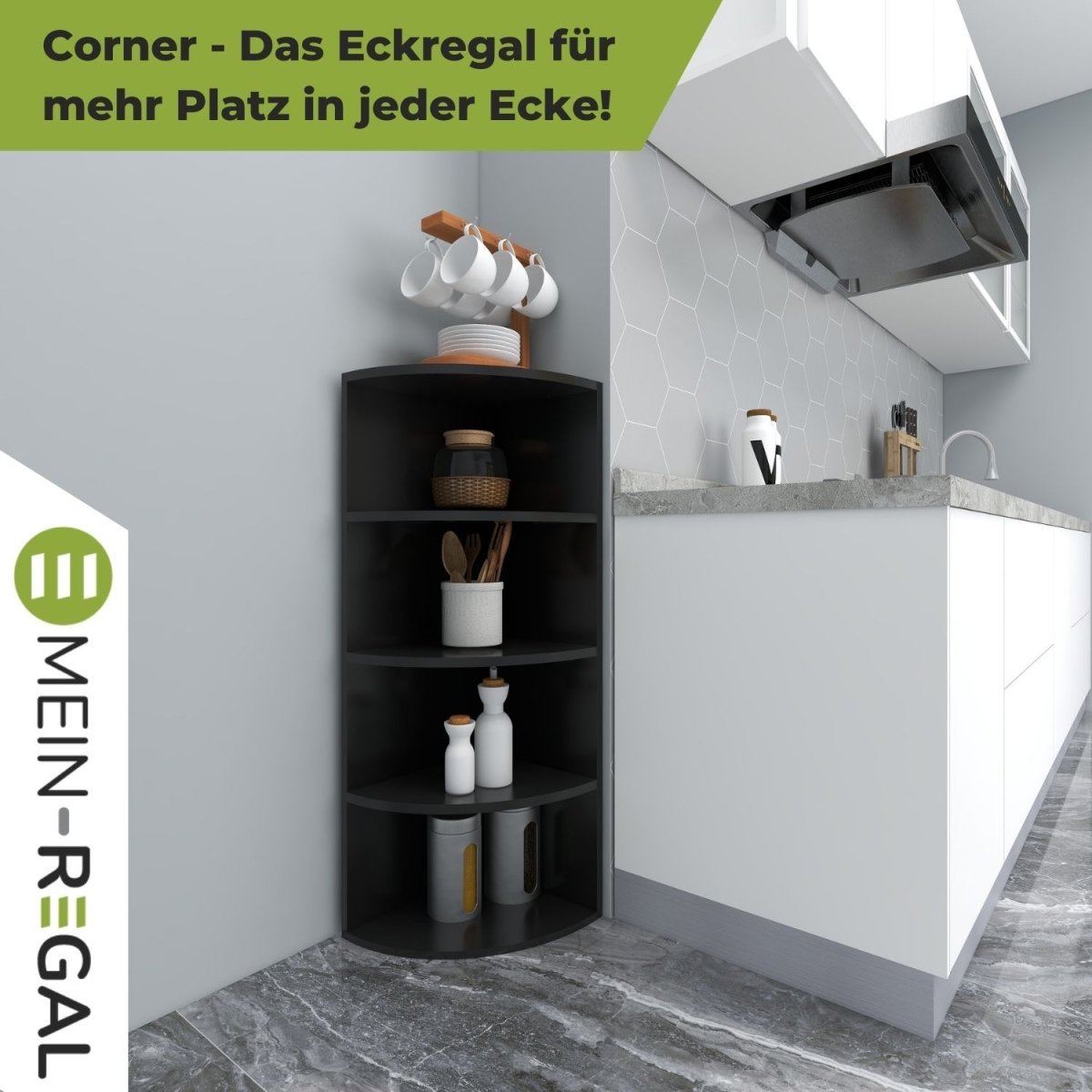 Eckregal Corner 120 in der Farbe Schwarz in der Küche