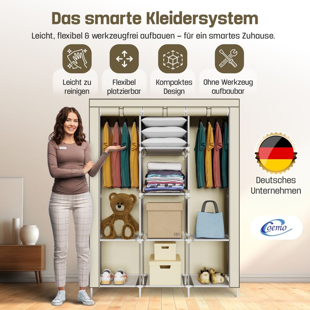 Coemo faltbarer Kleiderschrank Stoffschrank, Stahl und Kunststoff mit 2 Kleiderstangen, Regalen, 8 Ablageflächen - Mein - Regal.de