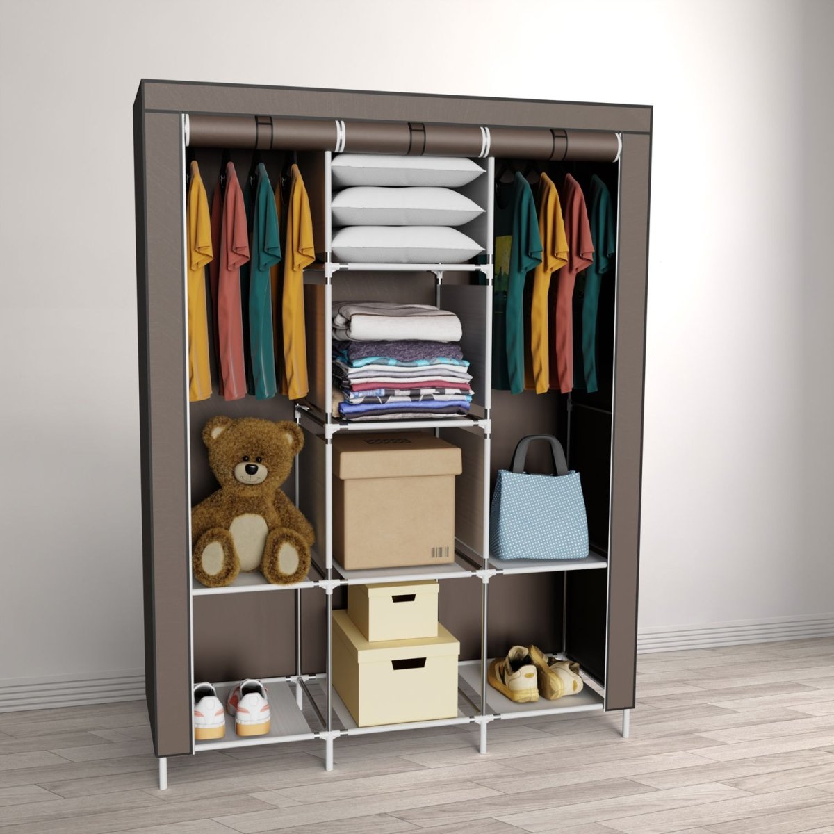 Coemo faltbarer Kleiderschrank Stoffschrank, Stahl und Kunststoff mit 2 Kleiderstangen, Regalen, 8 Ablageflächen