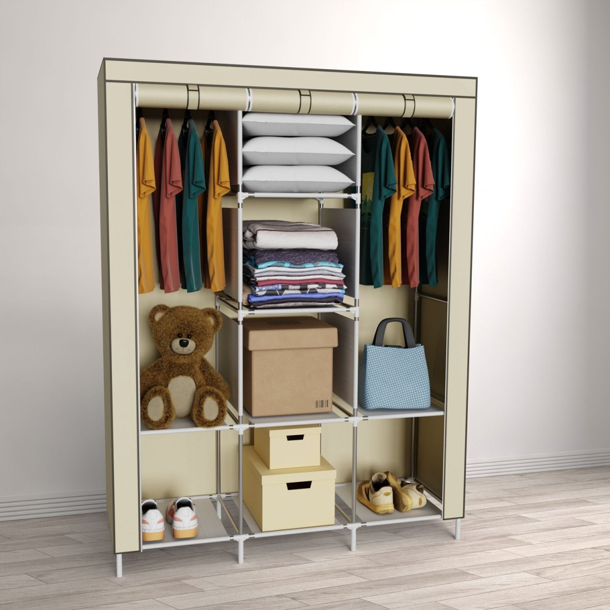 Coemo faltbarer Kleiderschrank Stoffschrank, Stahl und Kunststoff mit 2 Kleiderstangen, Regalen, 8 Ablageflächen - Mein - Regal.de