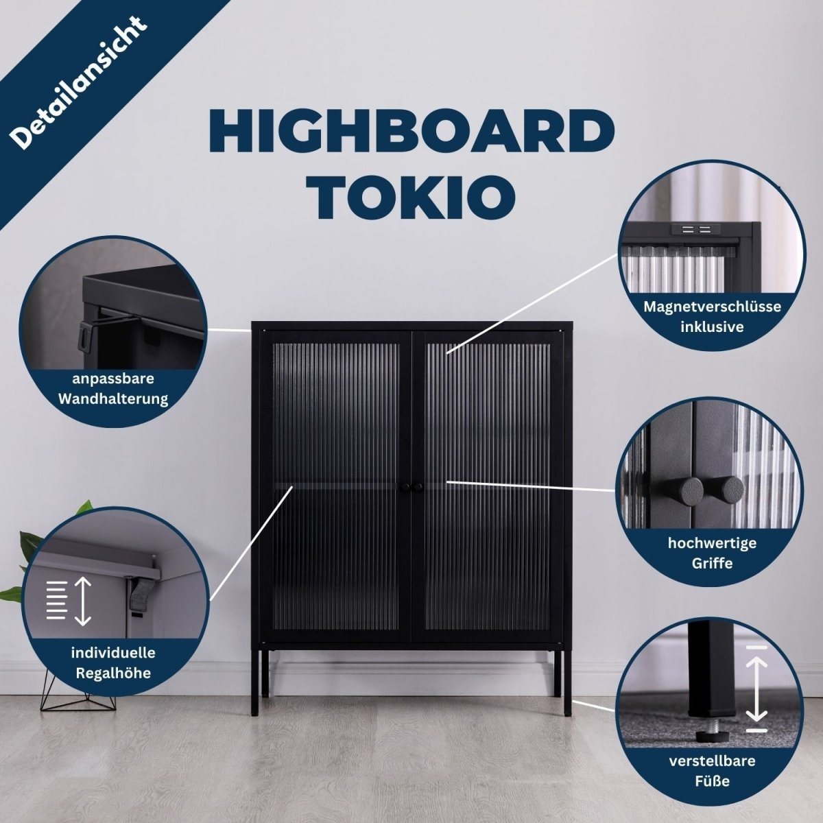 Coemo Highboard Tokio aus Metall mit Glastüren - Mein-Regal.de