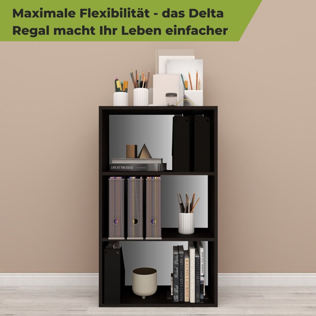Aktenregal Delta-3 in der Farbe Schwarz mit Bürobedarf