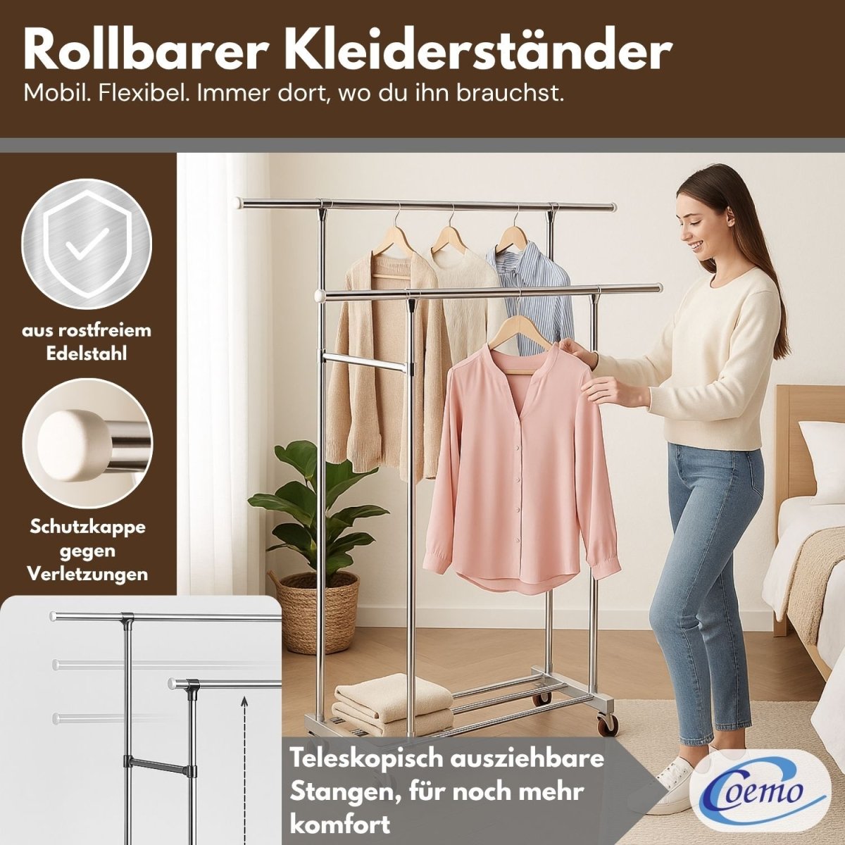 Coemo Rollbarer Kleiderständer – 160 x 42 x 162 cm, mit 2 ausziehbaren Stangen, 4 Rollen - Mein - Regal.de