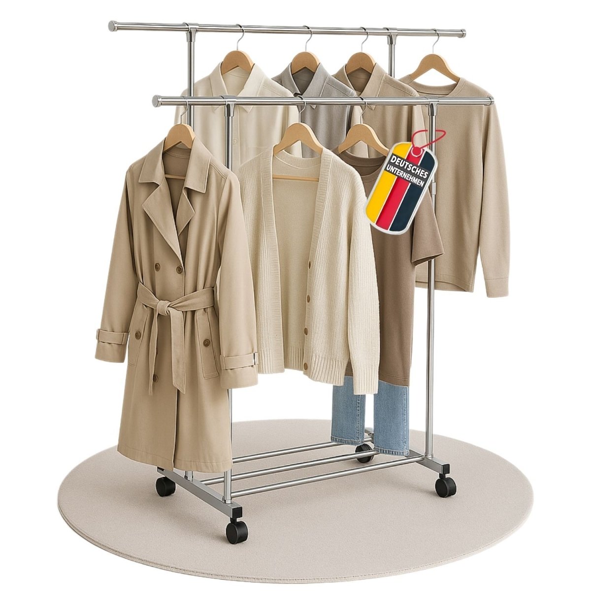 Coemo Rollbarer Kleiderständer – 160 x 42 x 162 cm, mit 2 ausziehbaren Stangen, 4 Rollen - Mein - Regal.de